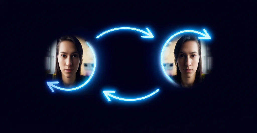 Visualizzazione astratta del processo CycleGAN: due domini di immagini (es. persona in posa A, persona in posa B) collegati da frecce cicliche luminose che rappresentano la trasformazione e la ricostruzione. Illuminazione controllata, stile quasi da infografica ma fotorealistico, macro lens 60mm, high detail.