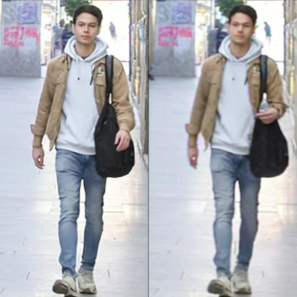 Collage fotorealistico affiancato: a sinistra, un'immagine reale da un dataset come Market-1501 (un pedone); a destra, l'immagine generata dall'IA con una posa diversa ma mantenendo l'identità e l'abbigliamento. Obiettivo zoom 50mm, focus nitido sui dettagli, controlled lighting.