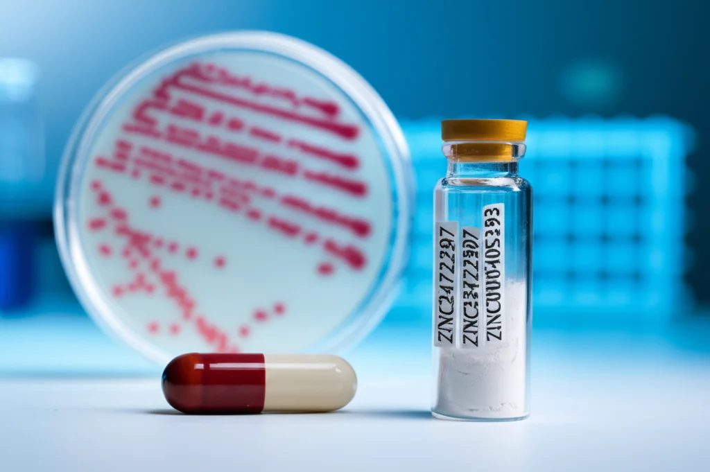 Due piccole fiale di vetro contenenti polveri bianche etichettate ZINC524729297 e ZINC000604405393 su un bancone di laboratorio pulito e moderno. Accanto, una capsula di Petri con una coltura batterica di E. coli visibile. Luce da laboratorio precisa e focalizzata, obiettivo macro 60mm, alta definizione, focus sui dettagli delle etichette e della polvere.
