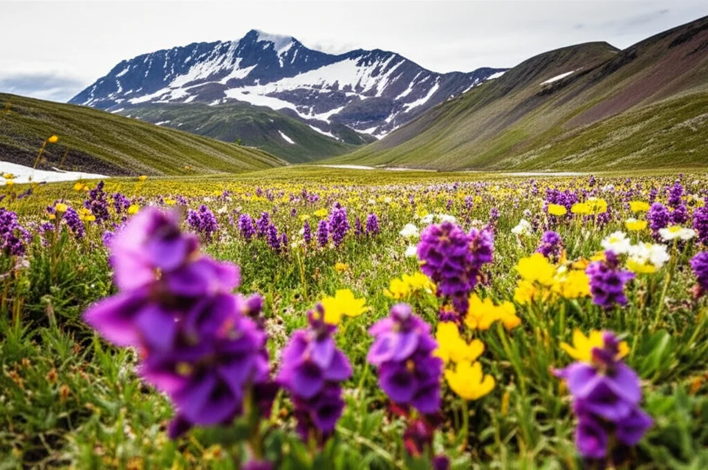 Fotografia paesaggistica di un tratto di tundra artica in estate, con fiori selvatici colorati (viola, gialli, bianchi) in primo piano che contrastano con il verde e marrone della vegetazione bassa e le montagne innevate in lontananza. Obiettivo grandangolare 18mm, messa a fuoco nitida su tutto il campo, luce solare diffusa.