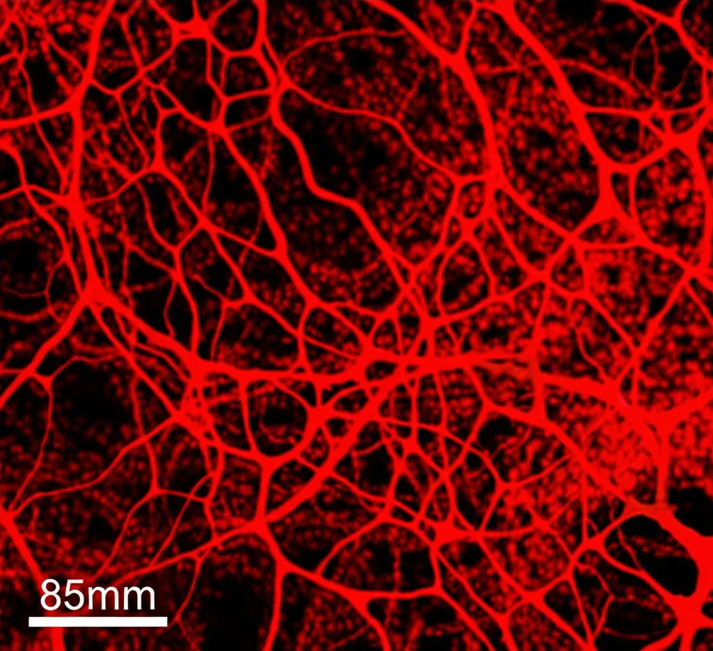 Macro fotografia, 85mm lens, che mostra un'intricata rete di nuovi vasi sanguigni (rosse fluorescenze) che si formano all'interno di un callo di frattura ossea in guarigione, evidenziando l'angiogenesi. High detail, precise focusing, controlled lighting.