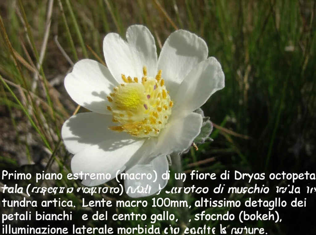 Primo piano estremo (macro) di un fiore di Dryas octopetala (camedrio alpino) su un letto di muschio nella tundra artica. Lente macro 100mm, altissimo dettaglio dei petali bianchi e del centro giallo, sfondo sfocato (bokeh), illuminazione laterale morbida che esalta la texture.