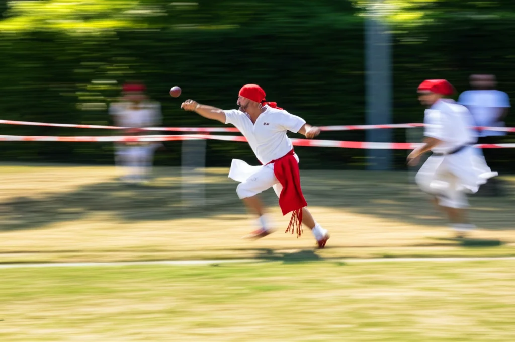 Scena dinamica di uno sport popolare italiano (es. Lancio del Ruzzolone o Corsa degli Scalzi) ricreata digitalmente con altissimo dettaglio. Teleobiettivo zoom 200mm, fast shutter speed per congelare l'azione, action or movement tracking sui partecipanti, luce naturale pomeridiana.