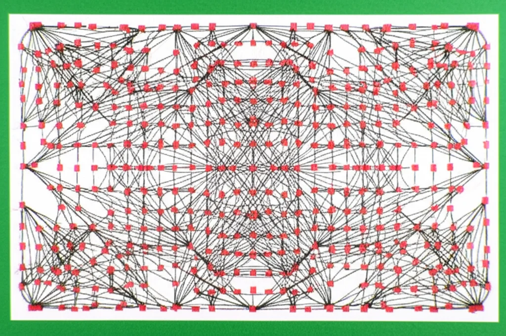 Visualizzazione astratta di una rete booleana complessa con nodi binari (0 o 1) interconnessi, rappresentata come una matrice algebrica tramite STP, stile high detail, precise focusing, macro lens 90mm, controlled lighting