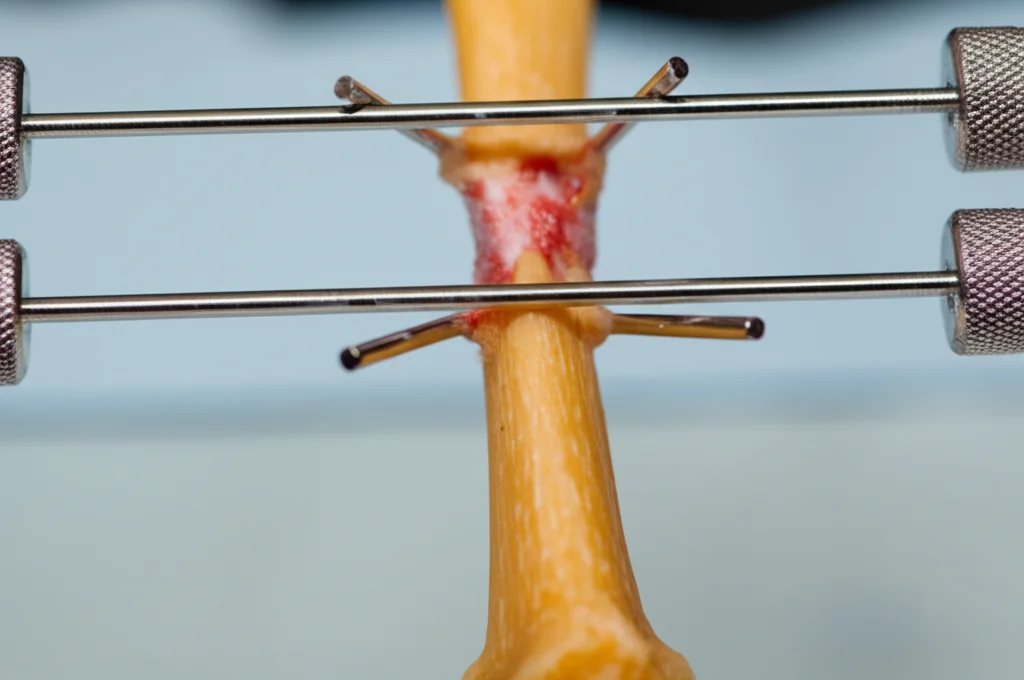 Immagine fotorealistica di un femore di topo con un fissatore esterno applicato per stabilizzare una frattura. Si vedono i pin metallici inseriti nell'osso e la barra esterna. Prime lens 35mm, depth of field, luce da laboratorio.