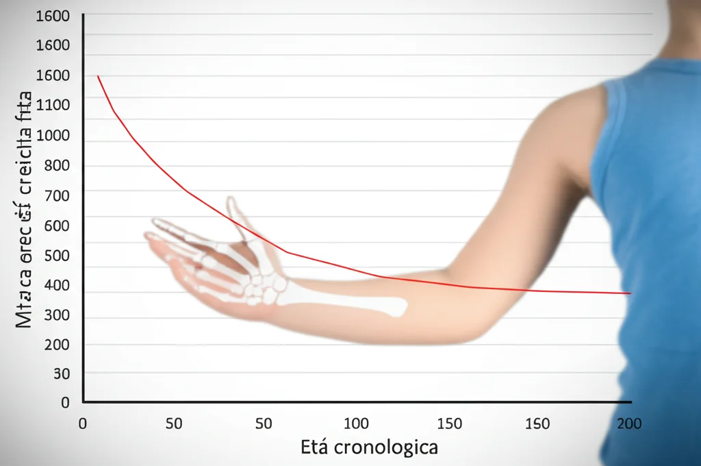 Grafico medico che mostra la curva di crescita accelerata dell'età ossea rispetto all'età cronologica in un bambino, macro lens, 80mm, alta definizione, illuminazione controllata per enfatizzare i dati.