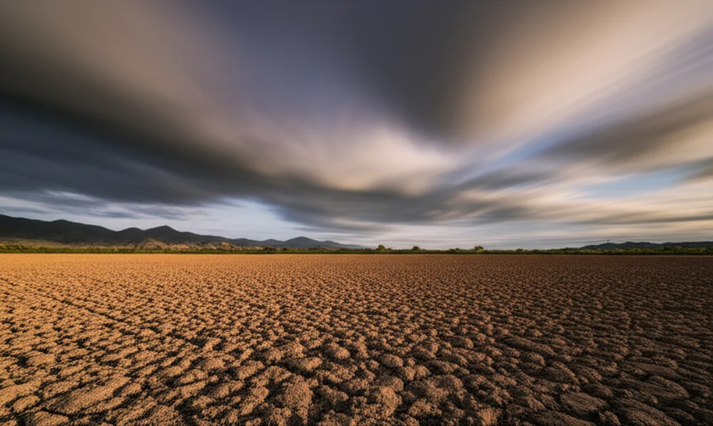 Fotografia paesaggistica, grandangolo 15mm, di un campo agricolo secco nel Corridoio Secco Centroamericano sotto un cielo minaccioso, focus nitido, luce drammatica del tardo pomeriggio, lunga esposizione per nuvole mosse.
