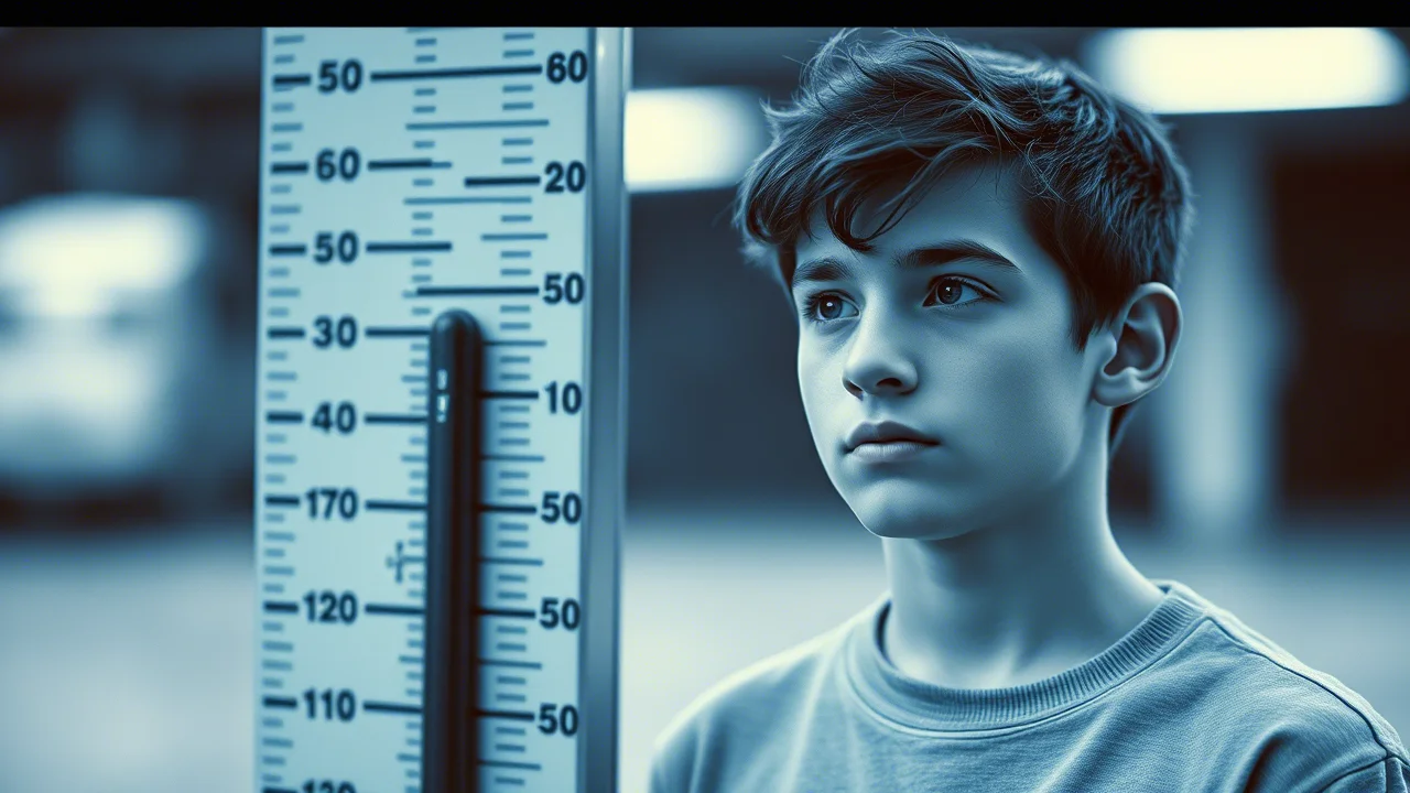 Ritratto di un adolescente maschio con aspetto pensieroso accanto a un misuratore di altezza, 35mm portrait, duotone blu e grigio, profondità di campo per sfocare lo sfondo.