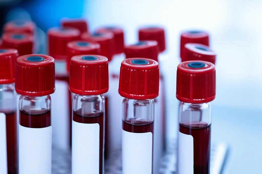 Primo piano di fiale di sangue in un laboratorio medico pronte per l'analisi degli ormoni steroidei, macro lens, 100mm, alta definizione, illuminazione precisa sui campioni.