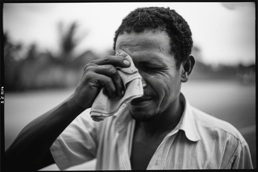 Ritratto, obiettivo 35mm, un contadino centroamericano che si asciuga il sudore dalla fronte in una giornata afosa, sfondo leggermente sfocato di vegetazione tropicale, bianco e nero, profondità di campo.