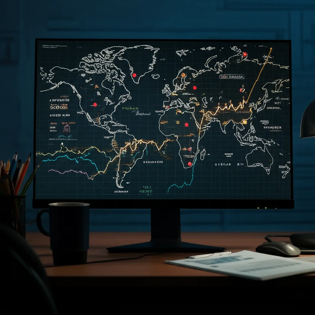 Fotografia still life, obiettivo macro 80mm, dettaglio di grafici climatici e mappe sovrapposte su uno schermo di computer in un ufficio di ricerca scarsamente illuminato, alta definizione, messa a fuoco precisa sui dati.