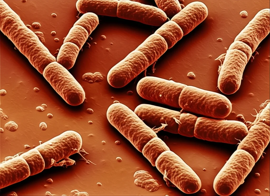 Microfotografia ad altissima risoluzione di batteri Escherichia coli, obiettivo macro 100mm, illuminazione scientifica precisa, messa a fuoco nitida su alcuni batteri con sfondo leggermente sfocato (profondità di campo).