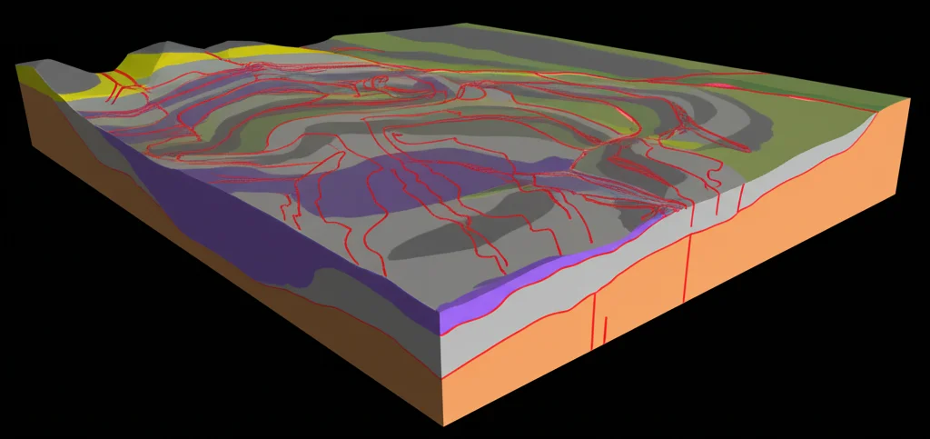 Modello 3D del sottosuolo dell'area di Thorning. Si vede il cuscino di sale in profondità (viola/blu), gli strati geologici sovrastanti piegati (colori diversi), il sistema di faglie (linee rosse) e la rete di paleovalli superficiali (aree grigie/trasparenti). Visualizzazione geologica 3D, subsurface model, sharp focus, highlighting faults and palaeovalleys.