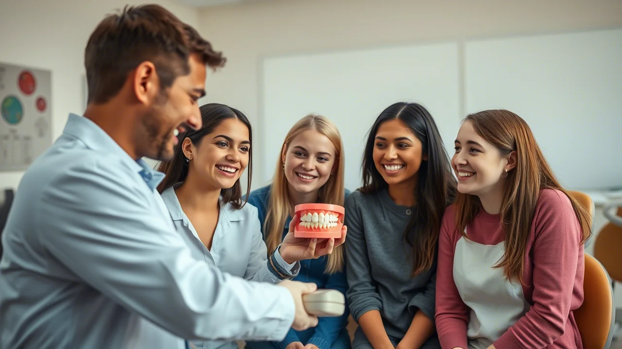 Foto realistica di un gruppo di studentesse adolescenti sorridenti in un'aula scolastica, una dentista mostra loro un modello di denti, stile ritratto con obiettivo da 35mm, luce naturale morbida, profondità di campo.