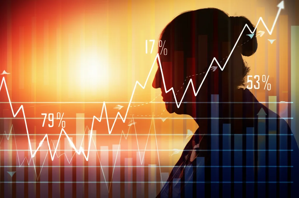 Immagine concettuale scientifica: silhouette di una persona anziana sovrapposta a grafici astratti di bilancio energetico (frecce entranti/uscenti). Colori caldi e freddi (es. rosso e blu duotone) per indicare apporto e dispendio. Profondità di campo che sfoca lo sfondo.