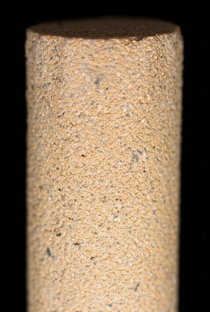 Macro fotografia di un campione cilindrico di arenaria siltosa fangosa in un laboratorio geotecnico, illuminazione controllata, alta definizione, lente macro 100mm, focus preciso sulla texture della roccia.