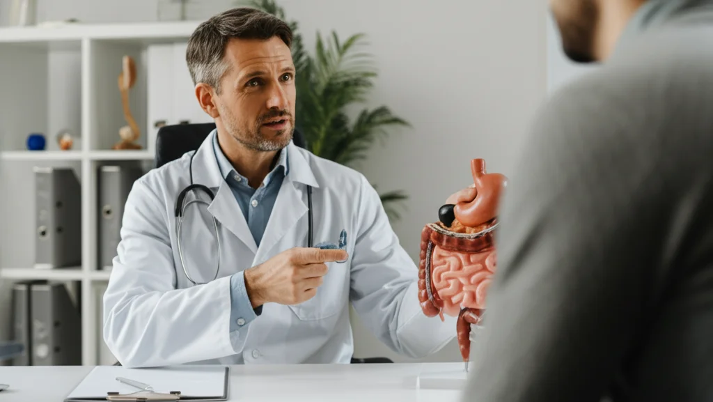 Un medico sorridente con camice bianco indica un modello anatomico dell'intestino mentre parla con un paziente seduto di fronte a lui in uno studio medico luminoso e moderno. Focus sulla comunicazione e l'approccio olistico alla salute. Prime lens, 35mm, depth of field, colori neutri e professionali.