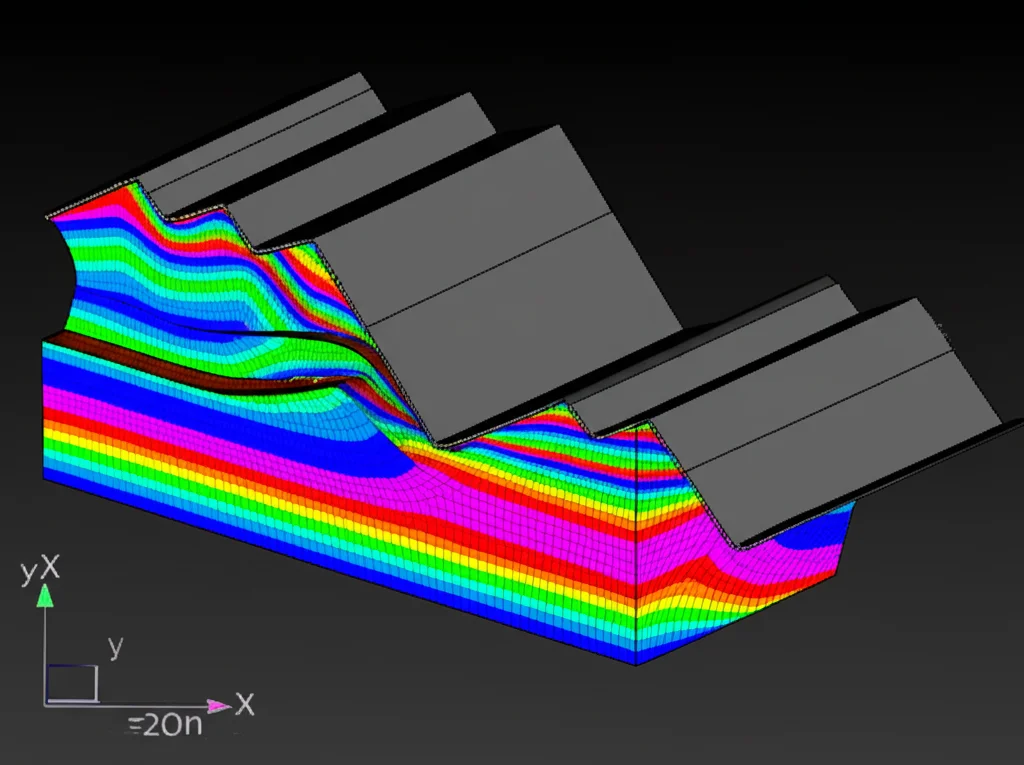 Rendering 3D fotorealistico del modello numerico COMSOL di un tunnel metropolitano sotto un fiume, mostrando la sezione trasversale con gli strati geologici colorati e la mesh di calcolo, illuminazione da studio.