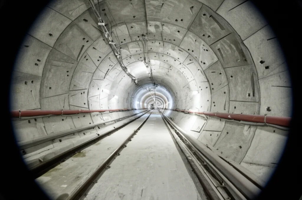 Fotografia grandangolare dell'interno di un tunnel metropolitano in cemento armato, con punti di monitoraggio visibili sulla volta e sulle pareti, luce artificiale fredda, lente grandangolare 20mm, focus nitido.