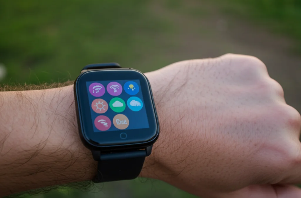 Fotografia di un dispositivo indossabile (smartwatch o fitness tracker) su un polso, con lo schermo che mostra icone relative alla qualità dell'aria e ai livelli di gas. Ambientazione esterna, luce diurna, obiettivo 35mm, profondità di campo media.