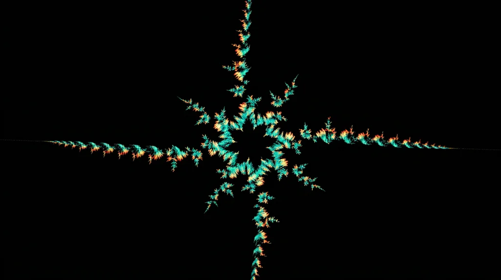 Immagine macro ad alta definizione di una sequenza genomica visualizzata come un frattale complesso tramite Chaos Game Representation (CGR), lente macro 100mm, illuminazione controllata per evidenziare i pattern geometrici intricati e le regioni vuote, colori vivaci su sfondo scuro.