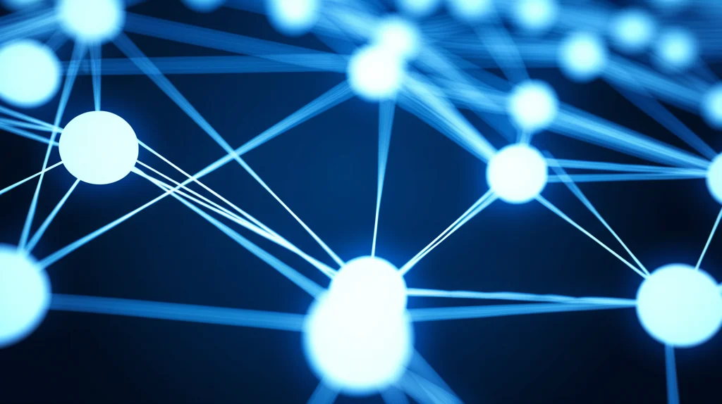 Visualizzazione astratta di una rete complessa di nodi interconnessi, alcuni nodi più grandi e con più collegamenti, rappresentante una rete sociale eterogenea. Stile fotorealistico, illuminazione controllata, dettagli elevati, obiettivo macro 80mm.