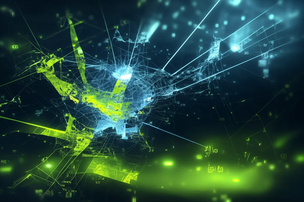 Visualizzazione astratta high-tech di un algoritmo Support Vector Machine (SVM) che crea un iperpiano per separare cluster di dati multidimensionali rappresentanti parametri frattali virali, stile grafico con linee luminose, colori duotone blu elettrico e verde lime, profondità di campo accentuata.