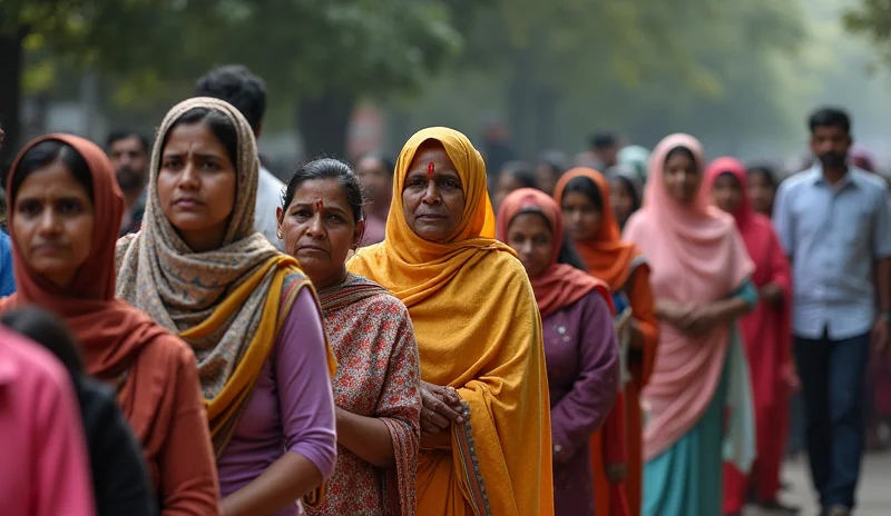 Fotografia di persone di diverse età e background etnici in fila fuori da una Mohalla Clinic a Nuova Delhi, in attesa. Obiettivo zoom 24-70mm, luce diurna, cattura l'atmosfera comunitaria e l'attesa.