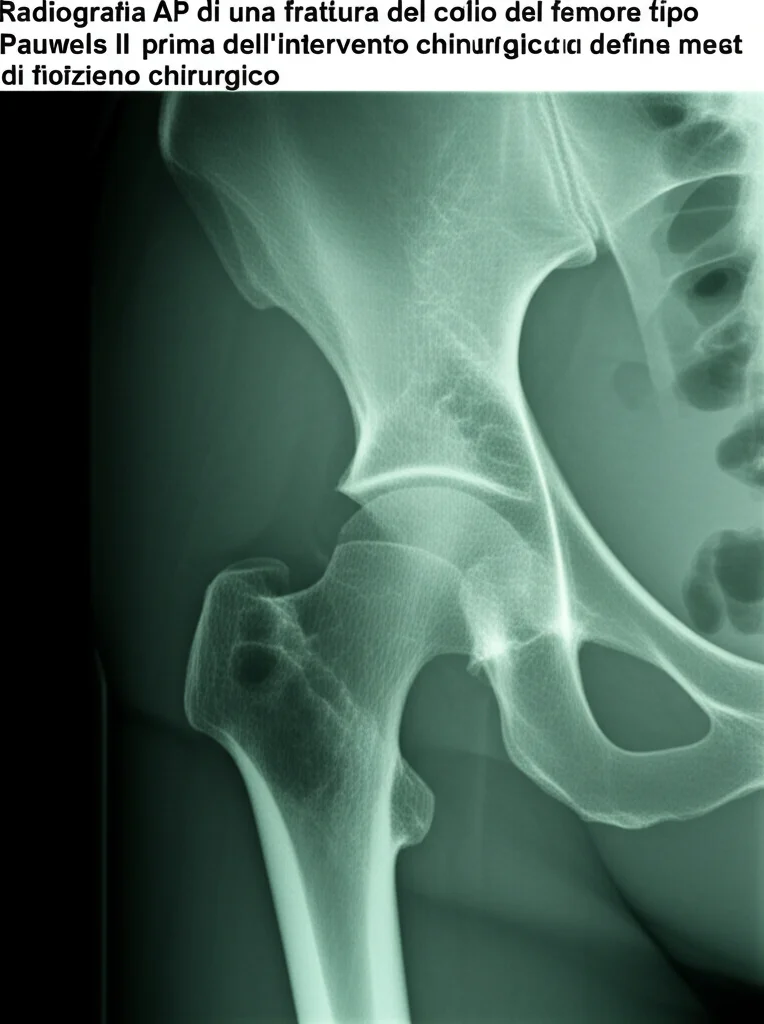 Radiografia AP di una frattura del collo del femore tipo Pauwels II prima dell'intervento chirurgico, alta definizione, illuminazione controllata tipica da sala radiologica, focus preciso sulla linea di frattura e sulla testa femorale, obiettivo macro 90mm.