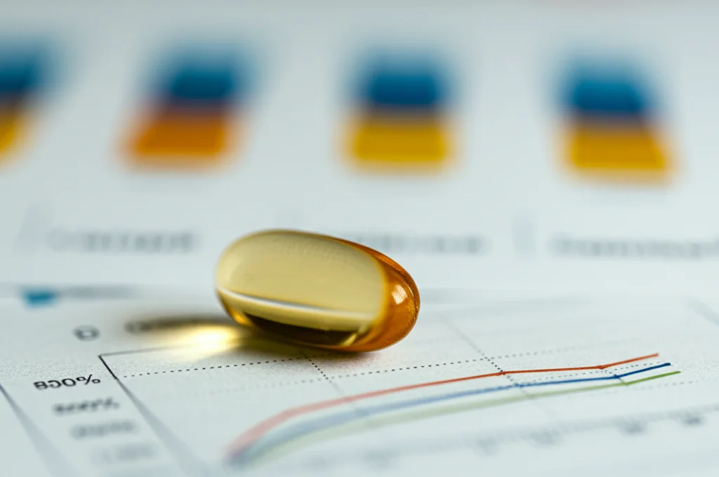 Primo piano macro di una capsula di vitamina D color ambra su uno sfondo sfocato di grafici medici che mostrano livelli di glucosio e lipidi. Obiettivo macro 100mm, illuminazione controllata e morbida, alta definizione dei dettagli della capsula.