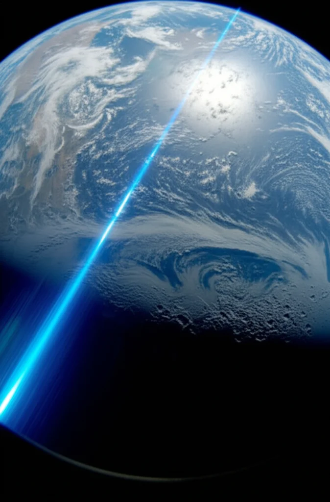 Wide-angle, 15mm lens, foto della Terra vista dallo spazio con una debole scia blu brillante di ioni che si estende da un veicolo spaziale non visibile verso la Luna, lunga esposizione, messa a fuoco nitida.