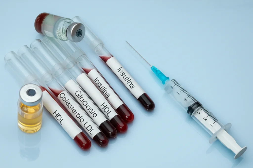 Fotografia still life di provette con campioni di sangue etichettati 'Insulina', 'Glucosio', 'Colesterolo LDL', 'HDL' accanto a un flacone di vitamina D e una siringa. Obiettivo macro 60mm, messa a fuoco precisa sui campioni, illuminazione da laboratorio chiara e definita.