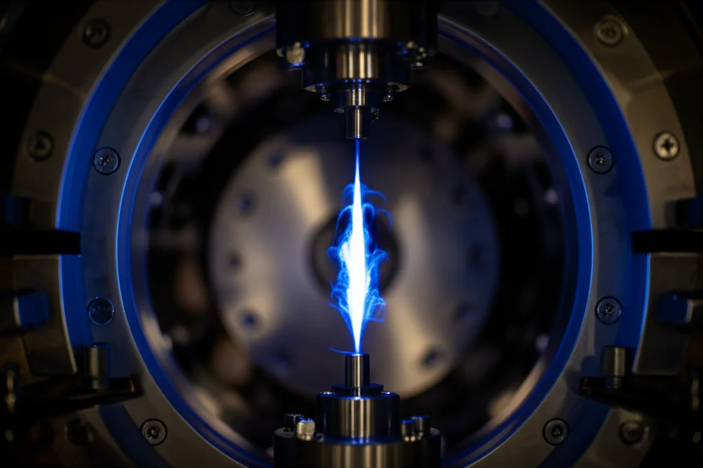 Obiettivo macro, 100mm, primo piano di un pennacchio di plasma blu brillante che esce da un ugello metallico all'interno di una camera a vuoto, alto dettaglio, illuminazione controllata, scintille visibili.