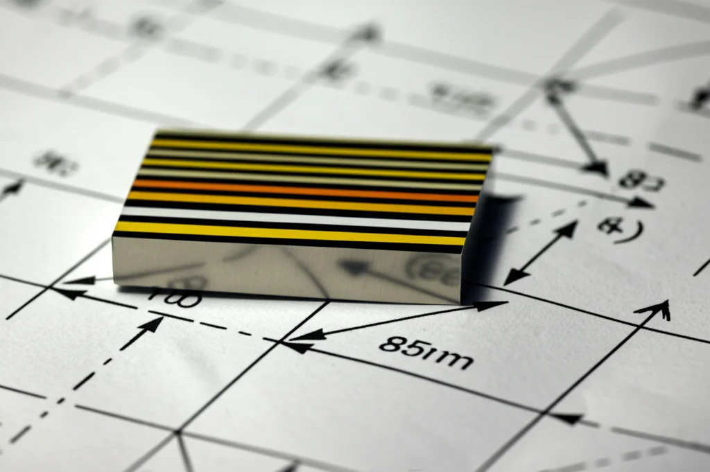 Natura morta, obiettivo primario 85mm, una sezione trasversale di un nastro superconduttore ad alta temperatura che mostra gli strati, appoggiato su un progetto tecnico, illuminazione controllata, alto dettaglio, messa a fuoco precisa.