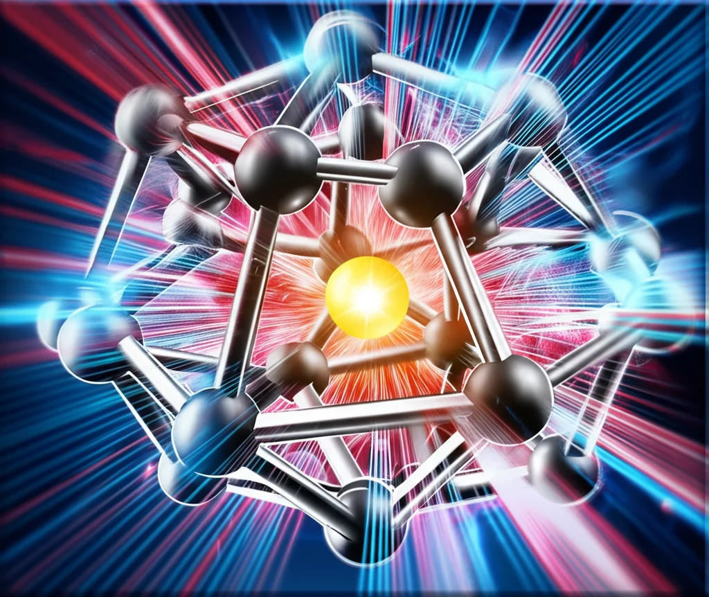 Visualizzazione astratta in stile modellazione molecolare, rendering fotorealistico. Un ione alcalino centrale (es. Na+, giallo) è circondato da gabbie B12H12 (grigio/bianco). Linee o campi luminosi sottili (blu per attrazione, rosso per repulsione) rappresentano le forze di dispersione a molti corpi (MBD) che agiscono come molle tra lo ione e le gabbie. Effetto profondità di campo che evidenzia lo ione e la sua sfera di coordinazione (ECN).