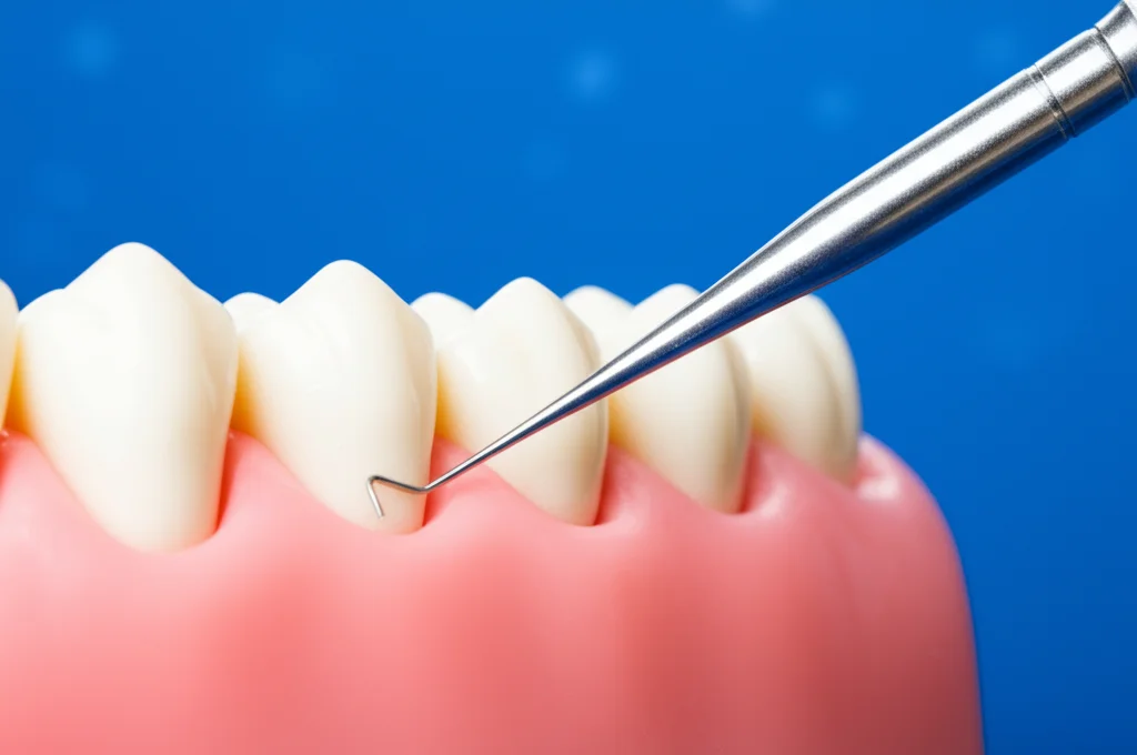 Macro fotografia di una sonda parodontale che misura delicatamente la profondità di una tasca gengivale su un modello dentale. Obiettivo macro 100mm, alta definizione, messa a fuoco precisa sulla punta della sonda e sulla gengiva, illuminazione da studio controllata per evidenziare i dettagli millimetrici.