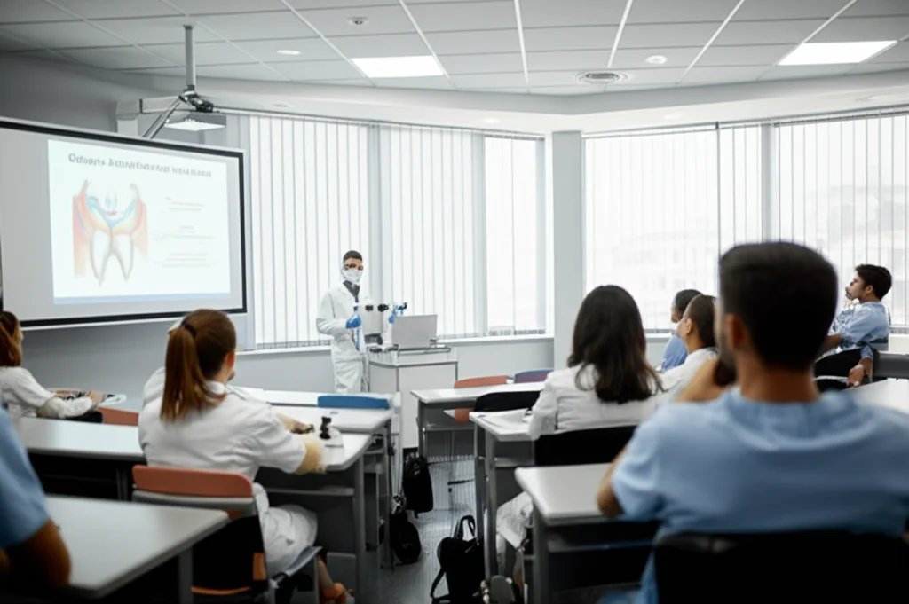 Gruppo diversificato di studenti di odontoiatria in un'aula moderna, attenti durante una lezione sulla classificazione parodontale proiettata su uno schermo. Obiettivo prime 35mm, profondità di campo media per mostrare sia gli studenti in primo piano che l'aula, luce naturale dalle finestre.
