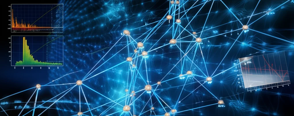 Visualizzazione 3D astratta di una rete neurale complessa con nodi luminosi e connessioni, sovrapposta a diagrammi di fase termodinamici CALPHAD, rappresentando l'integrazione tra machine learning e calcoli termodinamici per la progettazione di materiali.