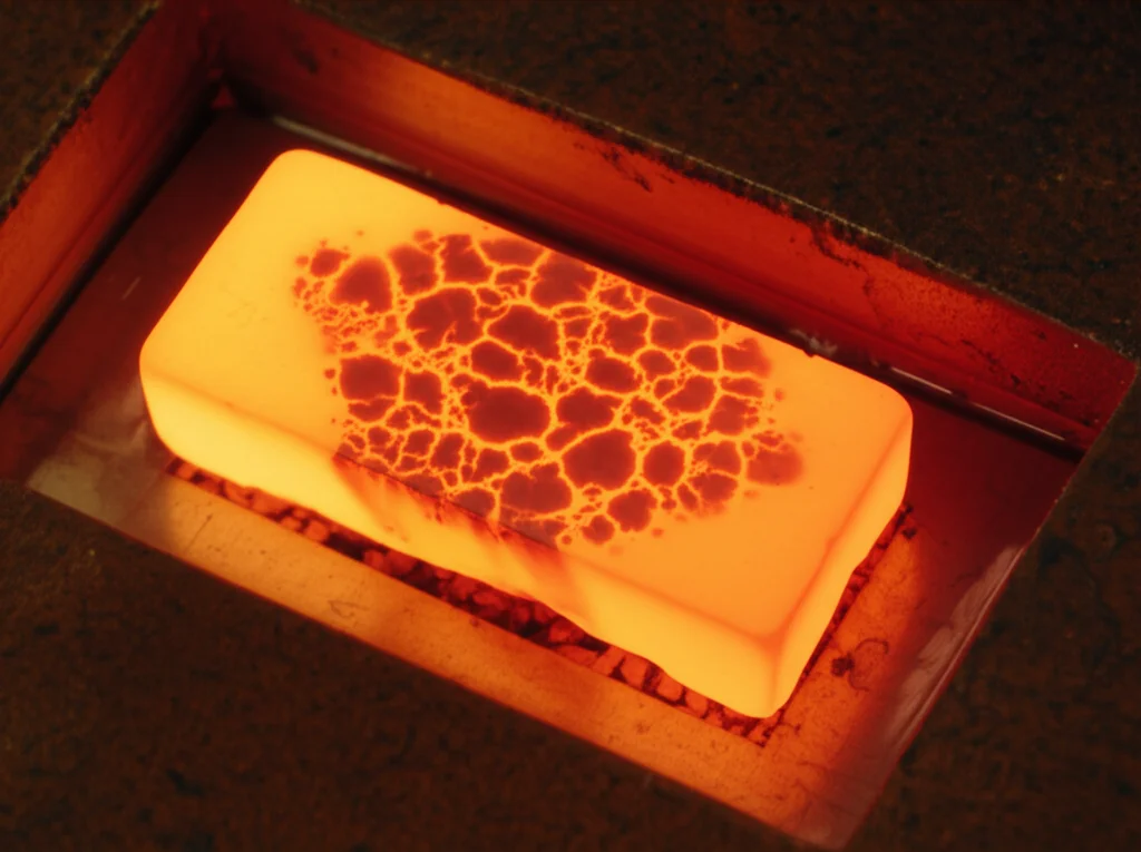 Fotografia macro ad alta definizione di un lingotto di lega refrattaria ad alta entropia appena fuso ad arco, ancora incandescente su un crogiolo di rame raffreddato ad acqua. Illuminazione controllata per evidenziare la texture superficiale solidificata, obiettivo macro 85mm.