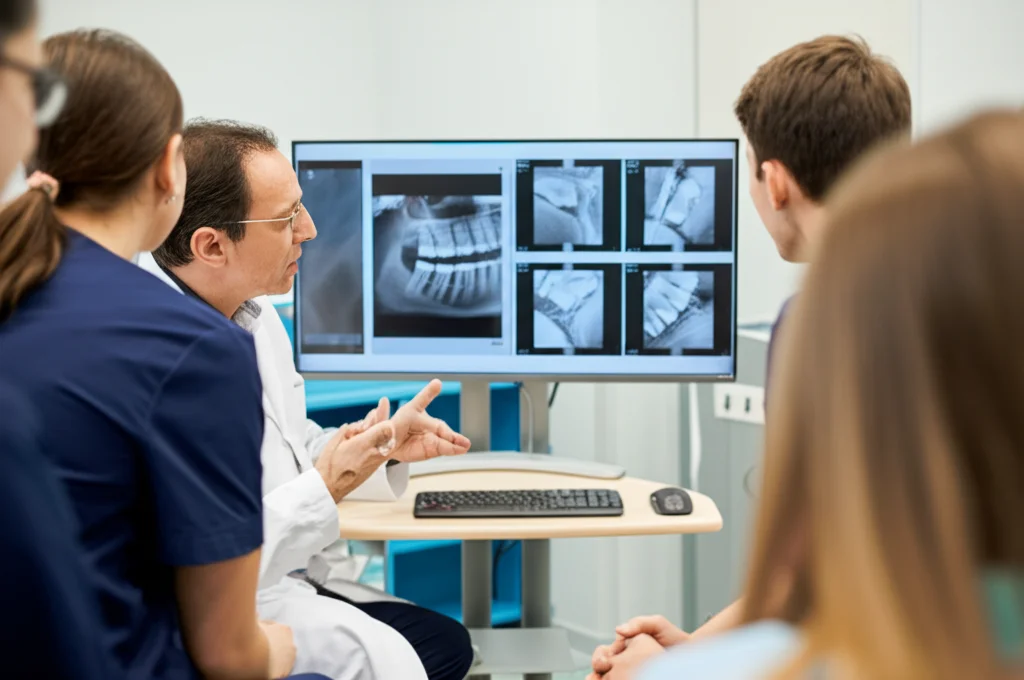 Un docente di parodontologia discute un caso clinico complesso con un piccolo gruppo di studenti tirocinanti attorno a un monitor che mostra radiografie e dati parodontali. Ambiente clinico universitario, obiettivo zoom 24-70mm per catturare l'interazione, profondità di campo che sfoca leggermente lo sfondo per concentrarsi sul gruppo.