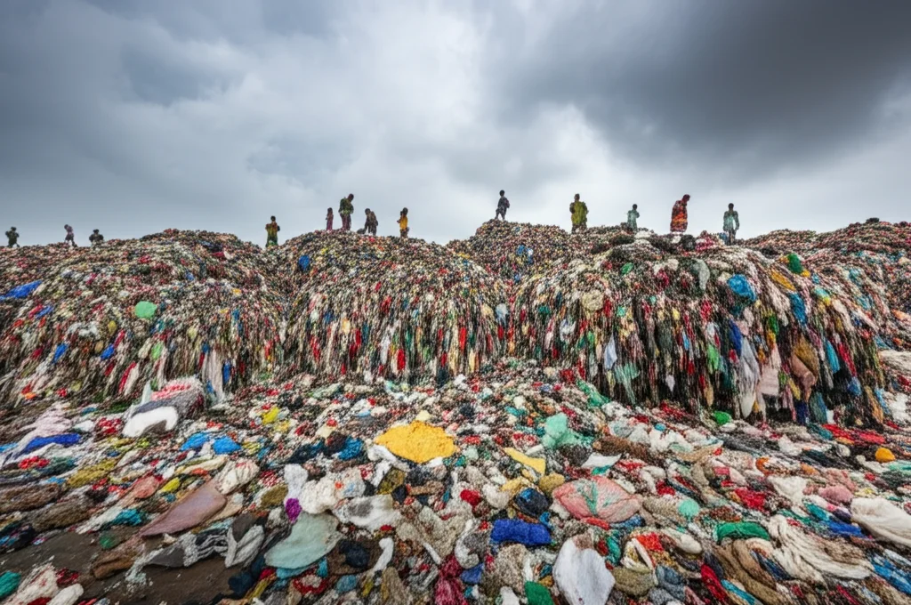 Fotografia grandangolare 24mm di una discarica traboccante di scarti tessili multicolori sotto un cielo nuvoloso in India, con figure indistinte di raccoglitori informali sullo sfondo. Esposizione lunga per accentuare il senso di accumulo e la sfida dei rifiuti.