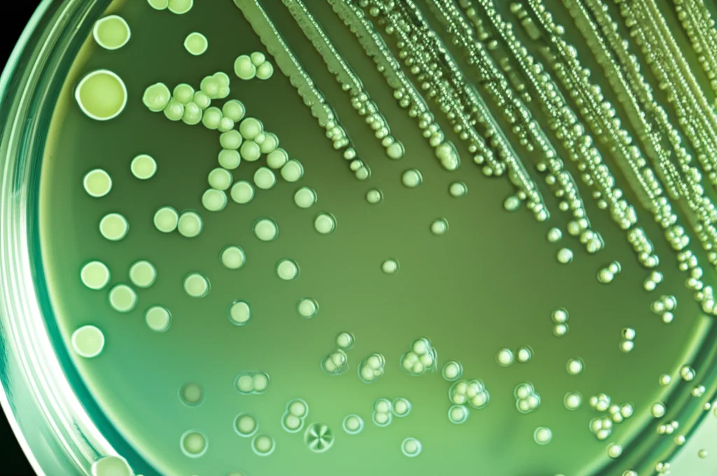 Fotografia macro con lente da 100mm che mostra colonie batteriche brillanti (Enterococcus) e crescita fungina filamentosa (Candida) su una piastra di Petri in laboratorio, illuminazione controllata per evidenziare i dettagli, messa a fuoco precisa sulle colonie microbiche.