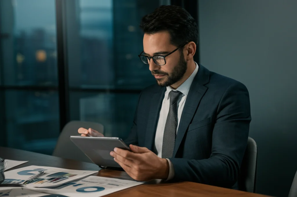 Fotografia di un CEO pensieroso seduto in una moderna sala riunioni, luce soffusa che entra dalla finestra, guarda dei grafici su un tablet. Obiettivo prime 35mm, profondità di campo ridotta, stile film noir per enfatizzare il dilemma strategico tra trasparenza e segretezza.
