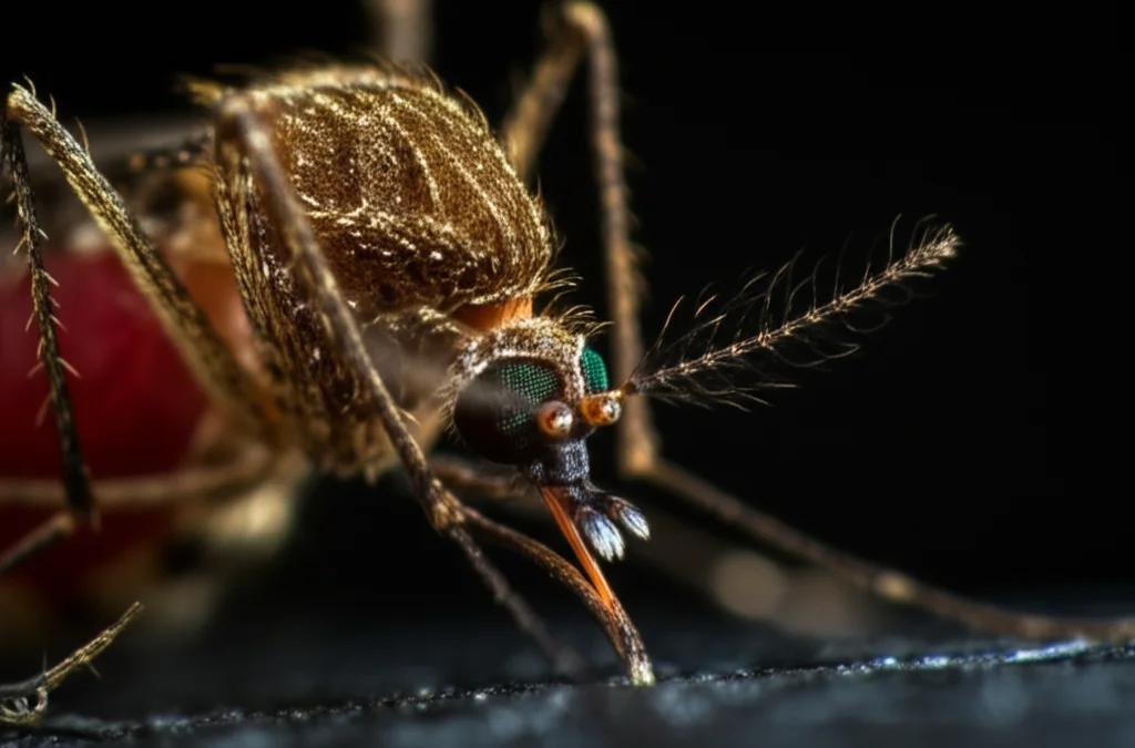 Macro fotografia di una zanzara Anopheles appoggiata su una superficie scura, lente macro da 100 mm, dettagli elevati che mostrano corpo e ali segmentate, messa a fuoco precisa, illuminazione drammatica controllata.