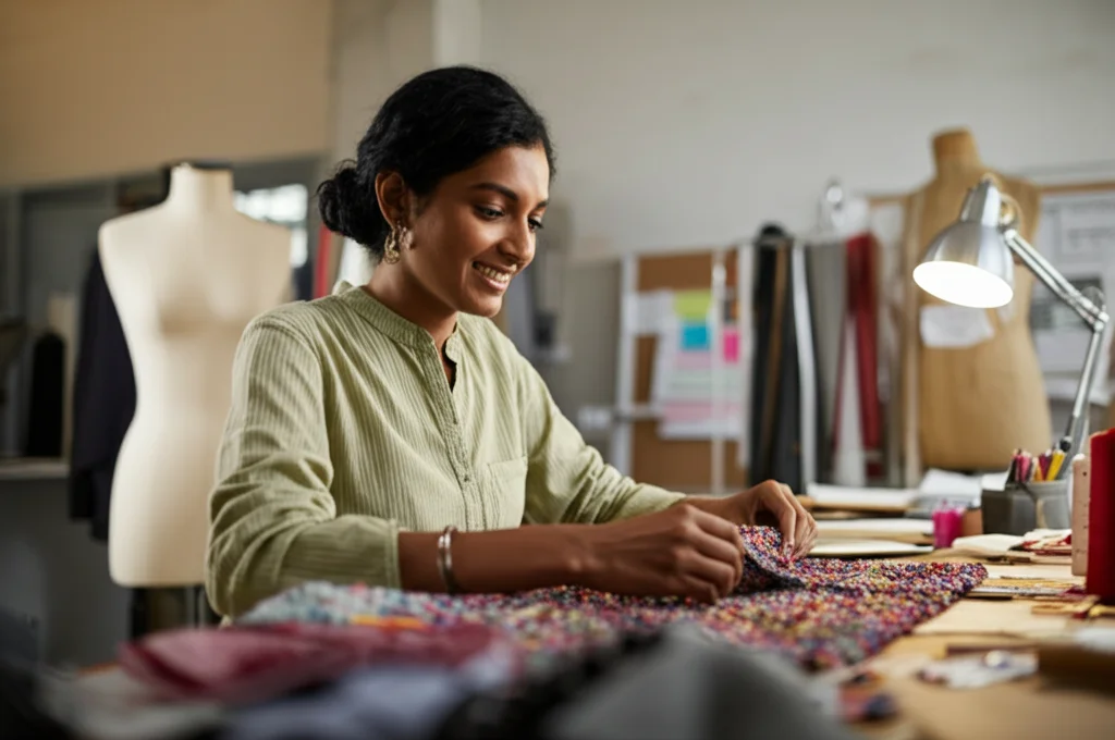 Ritratto 35mm di una designer indiana sorridente che esamina un tessuto riciclato dai colori vivaci nel suo studio luminoso. Profondità di campo ridotta per mettere a fuoco lei e il tessuto. Toni caldi, luce naturale.