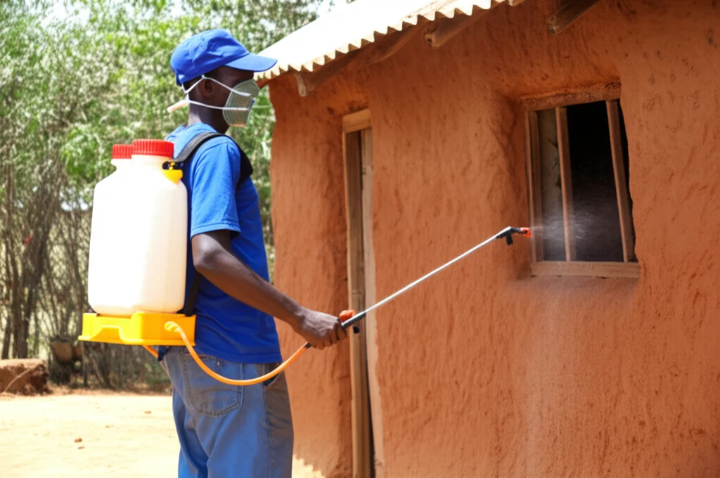 Fotografia di ritratto di un operatore sanitario etiope che prepara l'attrezzatura a spruzzo di insetticidi per la spruzzatura residua interna (IRS) in un ambiente di villaggio rurale, lente da 35 mm, illuminazione naturale, profondità di campo incentrata sul lavoratore.