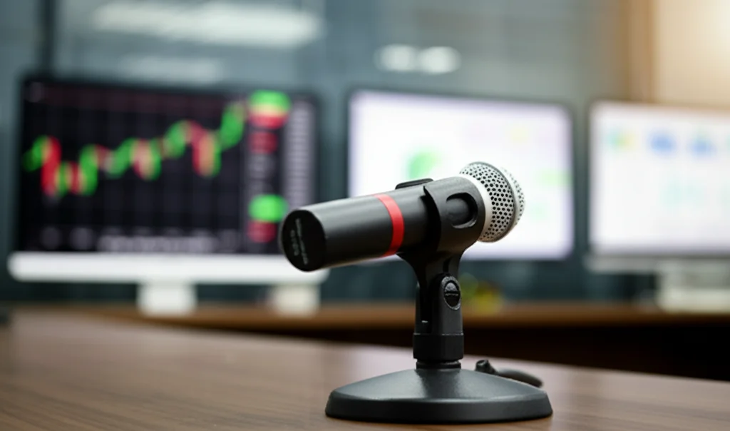 Immagine fotorealistica di una conference call in corso: un microfono da tavolo professionale al centro, sfocati sullo sfondo grafici finanziari su schermi luminosi. Obiettivo macro 90mm, messa a fuoco precisa sul microfono, illuminazione controllata da studio per simboleggiare la comunicazione finanziaria.