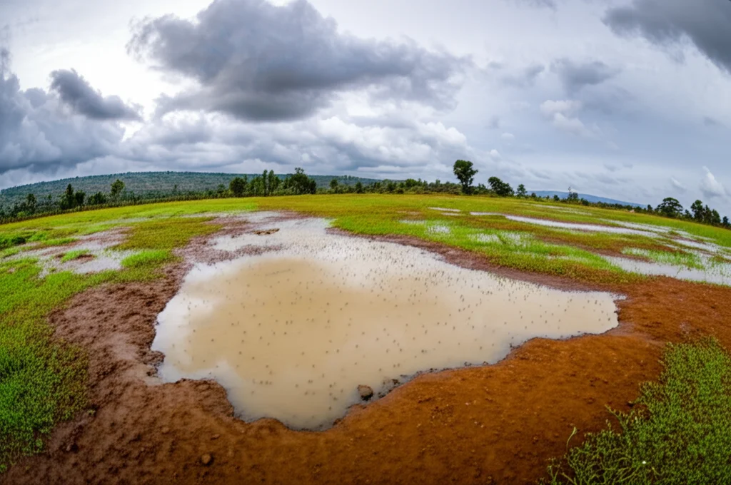 Fotografia paesaggistica grandangolare del distretto di Gondar Zuria in Etiopia durante la stagione delle piogge, mostrando potenziali siti di allevamento di zanzare come pozzanghere e aree paludose, lenti grandangolari da 15 mm, focus acuto sulla scena, drammatico cielo nuvoloso.