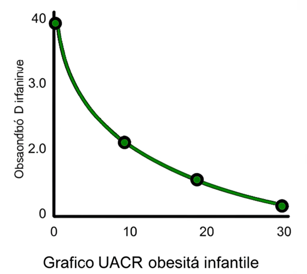 Grafico stilizzato che mostra una curva a forma di L, rappresentante la relazione non lineare tra UACR e obesità infantile, obiettivo 50mm, profondità di campo media.
