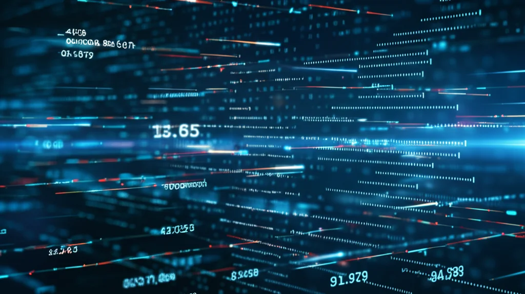 Visualizzazione astratta di reti di dati e connessioni globali illuminate su uno sfondo scuro, che rappresentano l'analisi testuale e l'interconnessione dei mercati finanziari globali. Obiettivo grandangolare 20mm, esposizione lunga per scie luminose, focus nitido sui dati digitali.